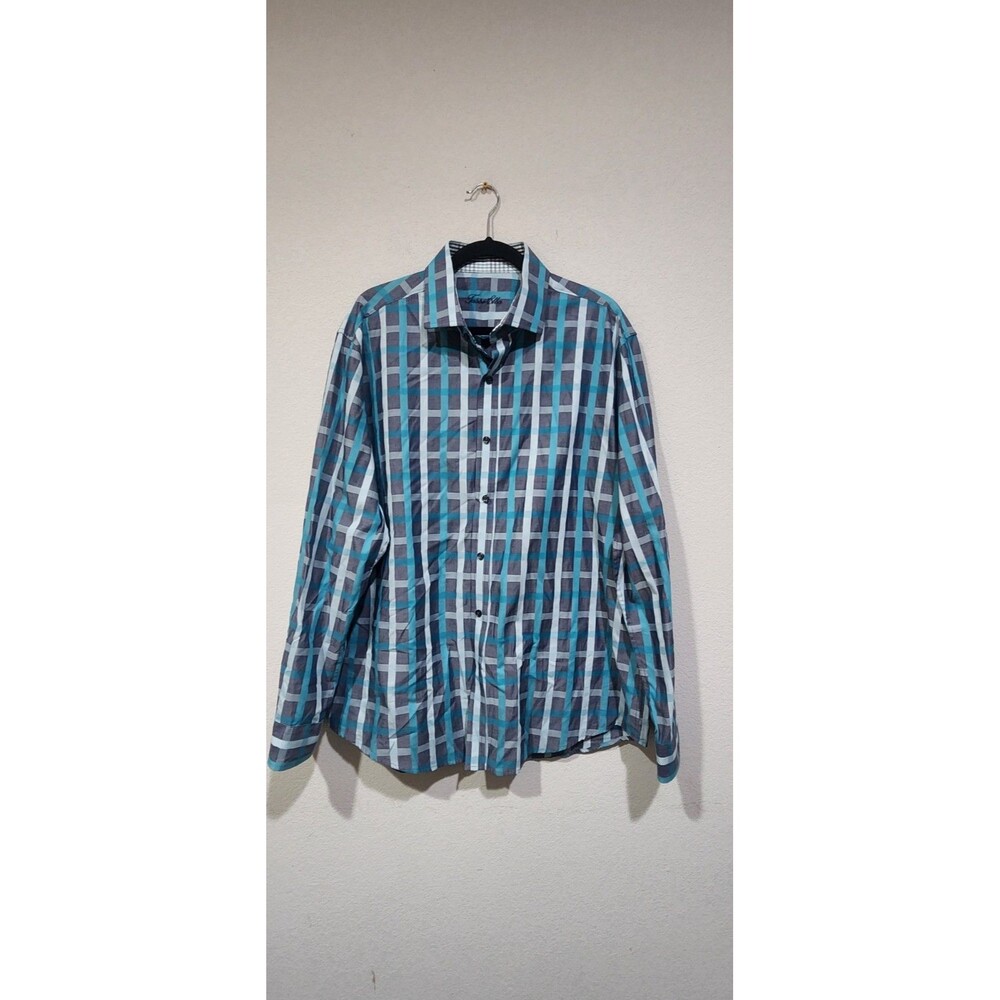 TASSO ELBA Fitted Check Shirt Flip Cuff Button Down Size XL 17-17 1/2
